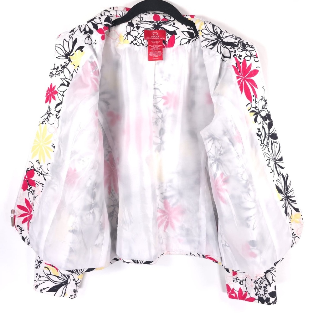 OSCAR DE LA RENTA Full Zip Floral Blazer Jacket Cotton Size 12 White Multicolor - Picture 12 of 13